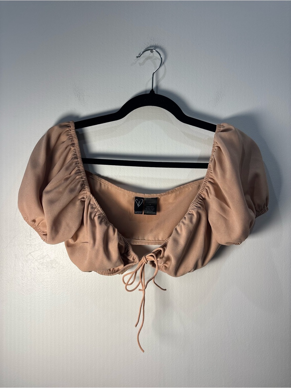 Windsor Blouse Medium Beige Smocked Puff Sleeves Tie Milkmaid Boho Y2K Crop Top